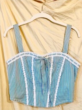 NWOT Green & White Striped Lace-Trim Corset Top